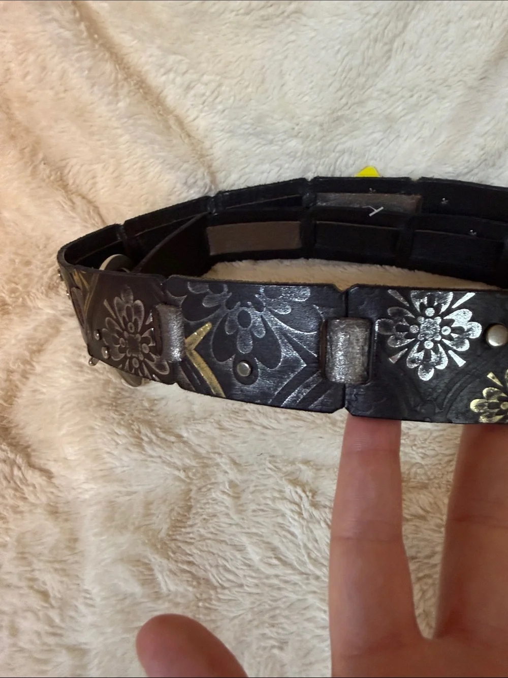 Boho Genuine Leather Embossed Floral Metallic Studded Link Belt Black Steampunk